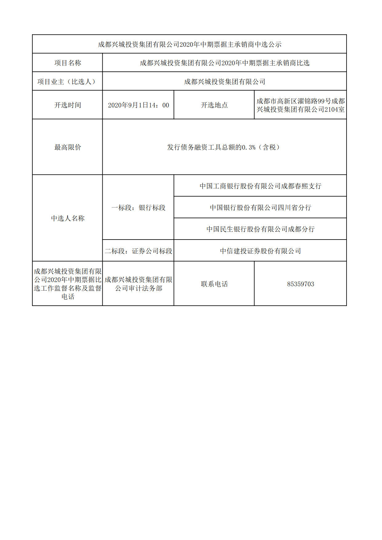 成都兴城投资集团有限公司2020年中期票据主承销商中选公示_1
