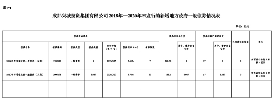 成都兴城投资集团有限公司-2018年—2020年末发行的新增地方政府一般债券情况表